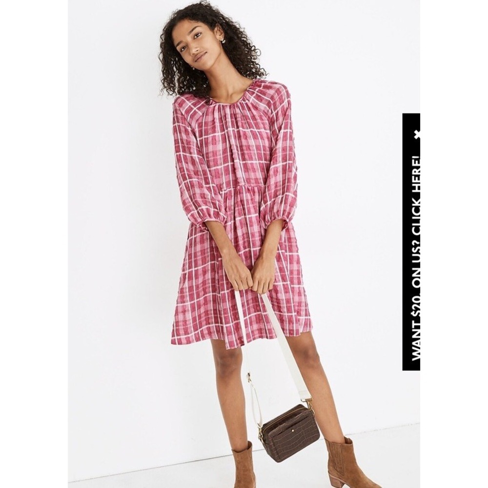 Madewell Plaid Shirred Babydoll Mini Dress Pink White S Long Sleeve Short